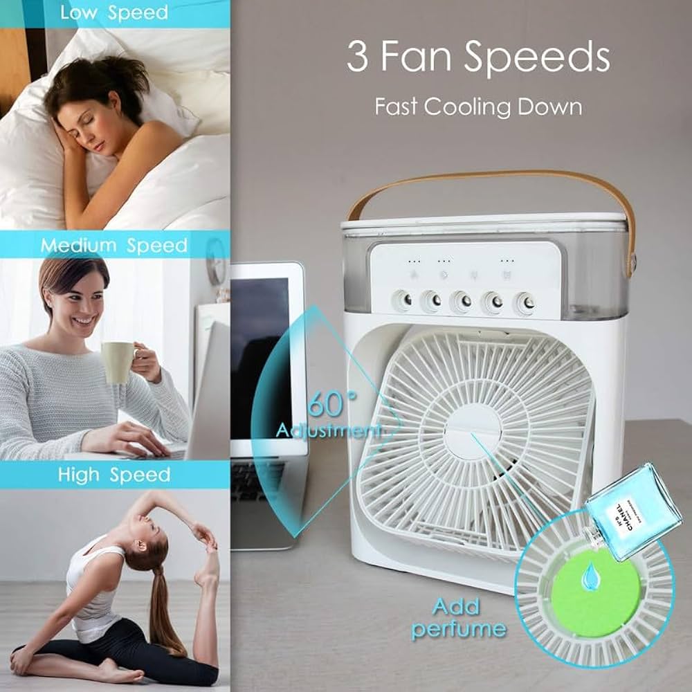 3-in-1 Portable Evaporative Mini Air Cooler Fan | USB Rechargeable Personal Cooling Fan with Humidifier & LED Light