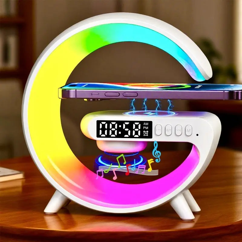 G-Shaped Wireless Speaker Charger Lamp – 5W Wireless Charging Bluetooth Speaker, RGB Night Light & Alarm Clock