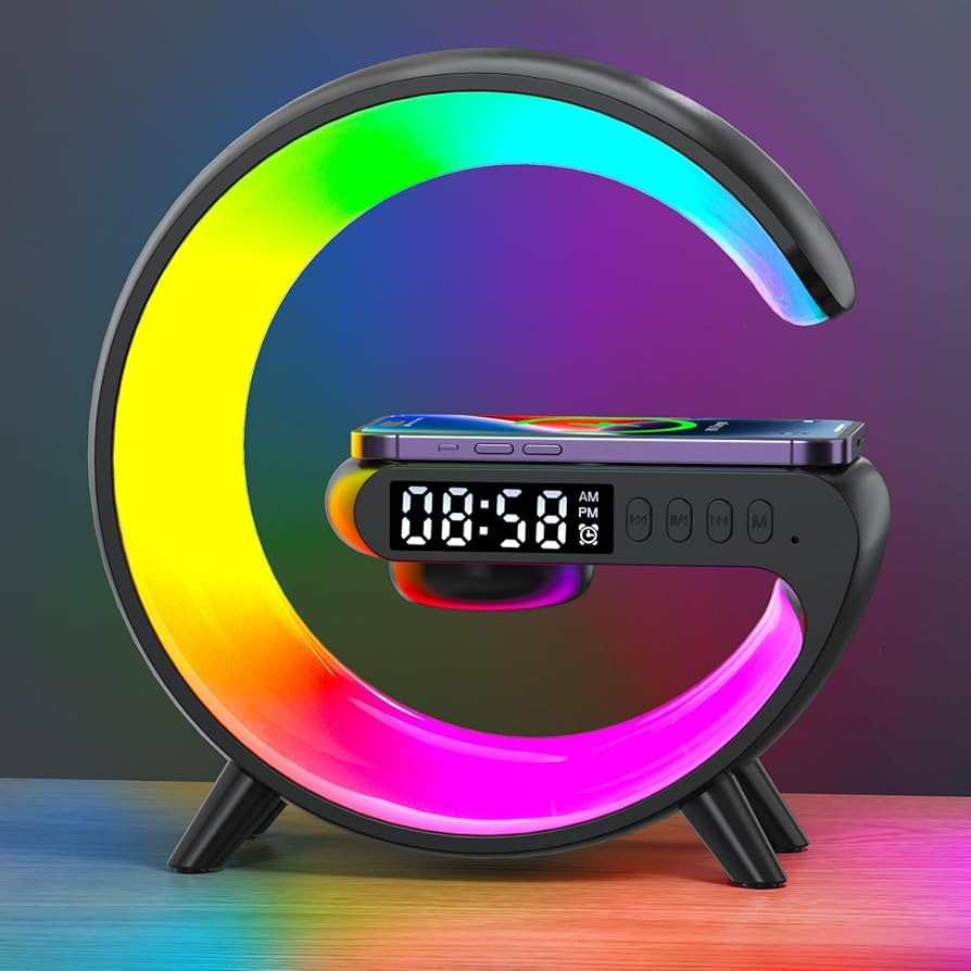 G-Shaped Wireless Speaker Charger Lamp – 5W Wireless Charging Bluetooth Speaker, RGB Night Light & Alarm Clock