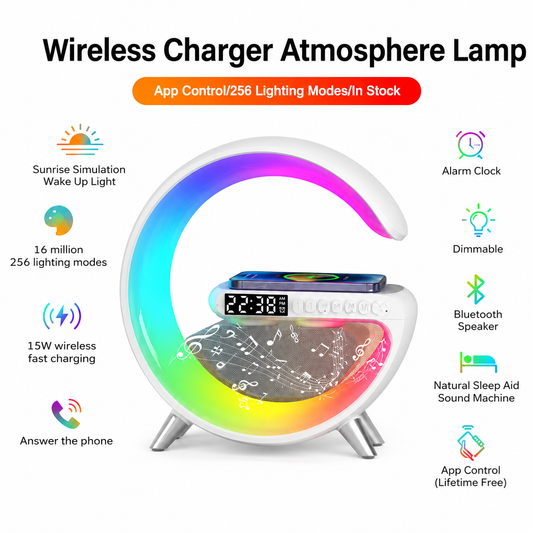 G-Shaped Wireless Speaker Charger Lamp – 5W Wireless Charging Bluetooth Speaker, RGB Night Light & Alarm Clock