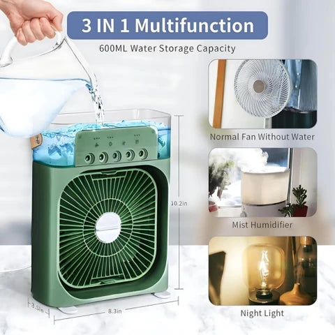 3-in-1 Portable Evaporative Mini Air Cooler Fan | USB Rechargeable Personal Cooling Fan with Humidifier & LED Light